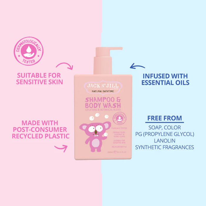 A bottle of Jack 'N Jill Natural Sanctuary Shampoo & Body Wash for sensitive skin, shown on a split pastel pink and light blue background with marketing text and icons.