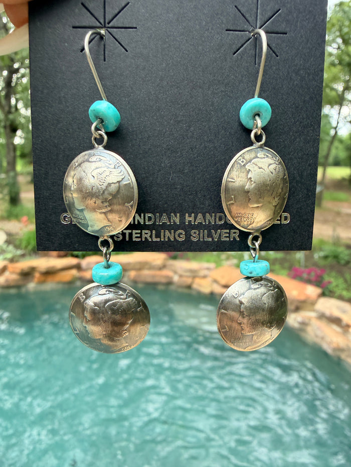 James McCabe Turquoise & Liberty Mercury Dime Coin Dangle Earrings