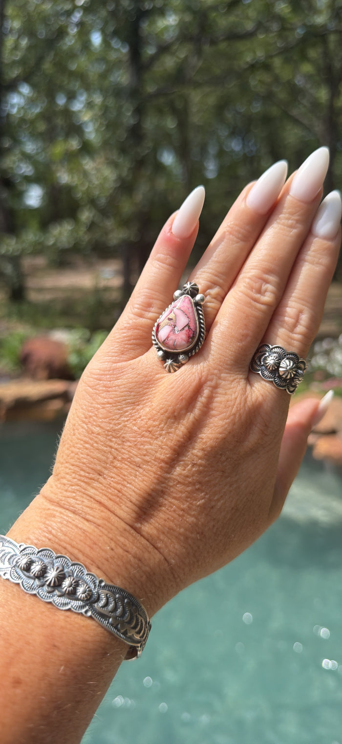 Johnny Dixon Rose Dahlia & Sterling Sliver Cluster Adjustable Ring *as-is*