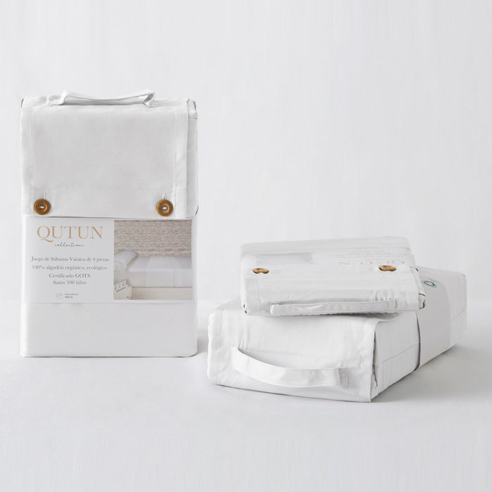 Juego de sábanas algodón orgánico con vainica color blanco - Qutun - Presentación en bolsa de tela