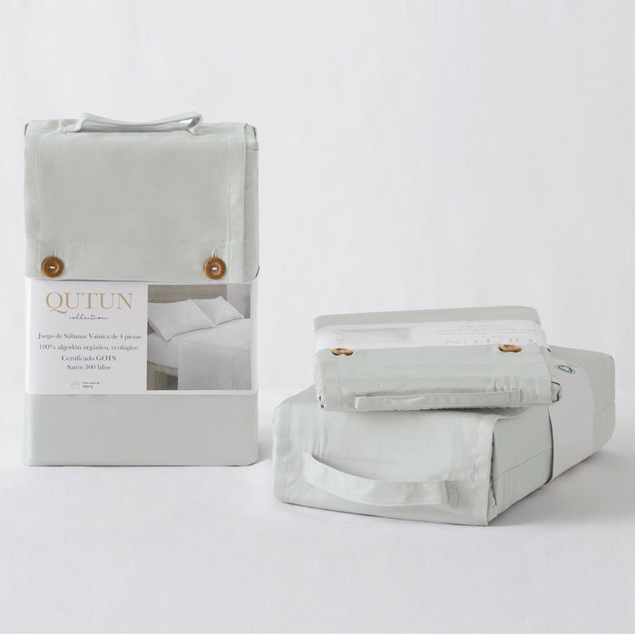 Juego de sábanas algodón orgánico con vainica color perla - Qutun - Presentación en bolsa de tela