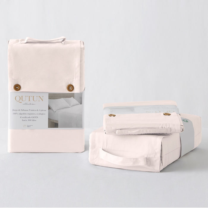 Juego de sábanas algodón orgánico con vainica color rosa - Qutun - Presentación en bolsa de tela