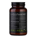 Dark supplement bottle labeled 'L-Glutamine' by Kiki Health on a white background