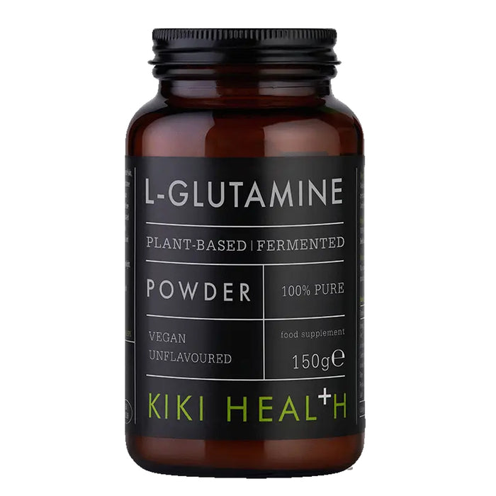 Dark supplement bottle labeled 'L-Glutamine' by Kiki Health on a white background