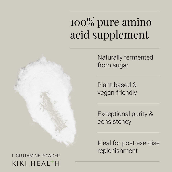 KIKI Health L-Glutamine Powder with product description on a beige background