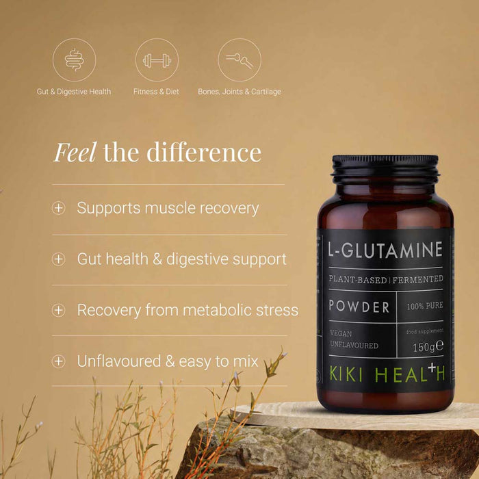A bottle of Kiki Health L-Glutamine powder shown on a rustic wood surface against a warm beige background with text and icons about gut health, fitness, and recovery.