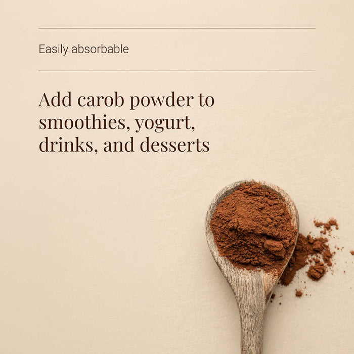 A beige promotional graphic with text reading 'Easily absorbable' and 'Add carob powder to smoothies, yogurt, drinks, and desserts,' plus a wooden spoon filled with brown carob powder.