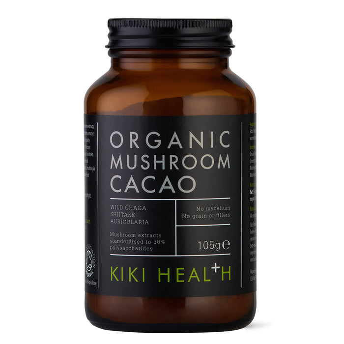 Brown bottle of Organic Mushroom Cacao by KIKI Health on a white background