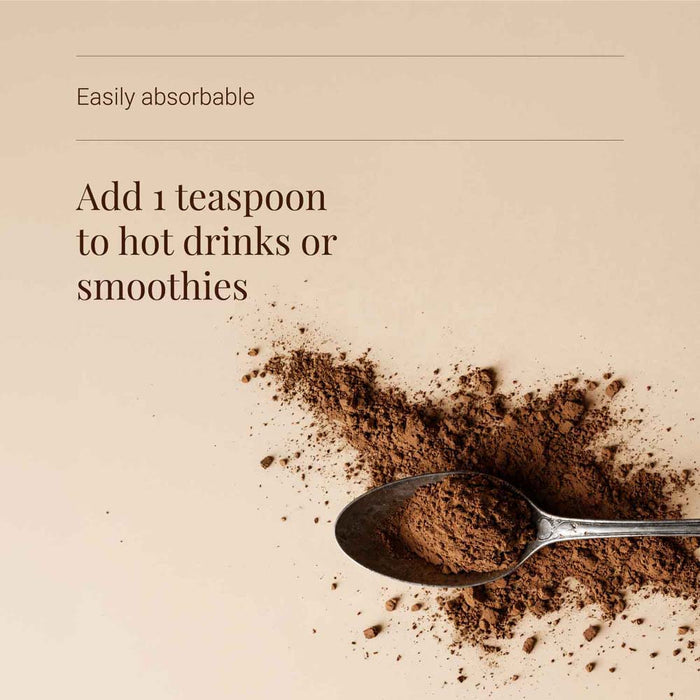 Cocoa powder with a spoon on a beige background, text indicating usage instructions.