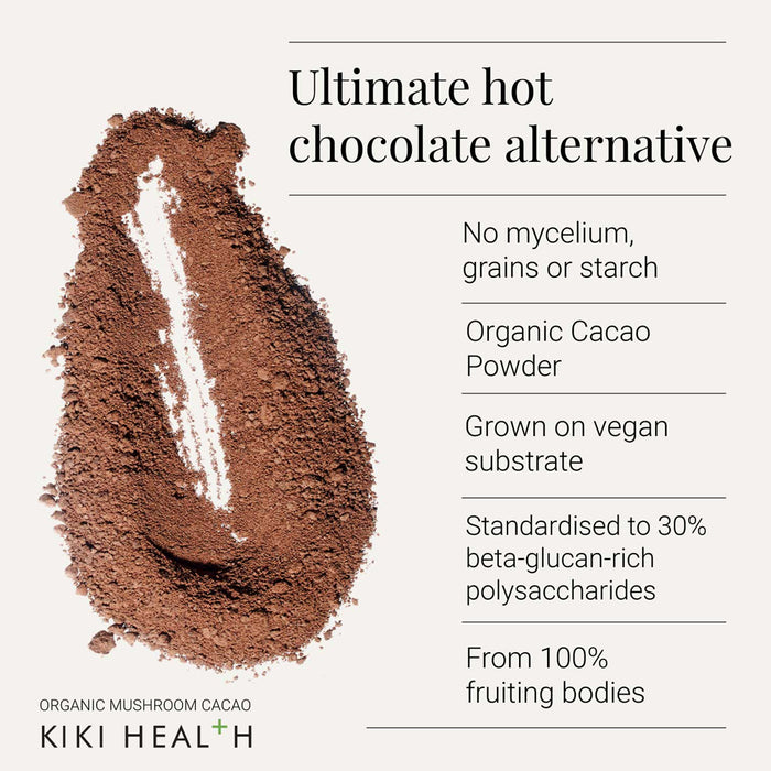 KIKI Health organic mushroom cacao powder with product details on a white background