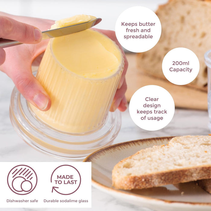 Butter container with a hand spreading butter on bread, surrounded by text highlighting features.