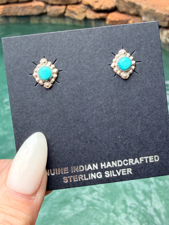 Kingman Turquoise Studs with Sterling Silver by Arlen Quetawki