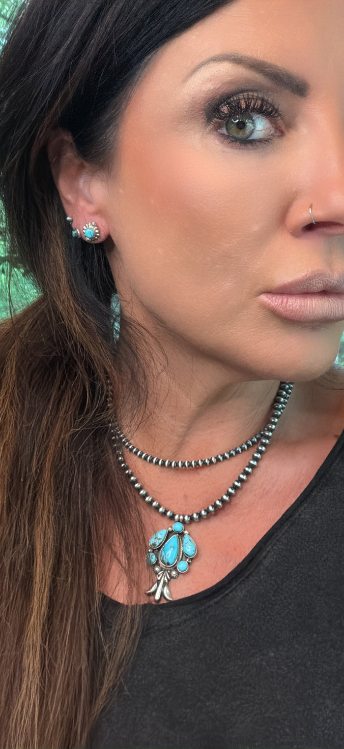 Kingman Turquoise Studs with Sterling Silver by Arlen Quetawki