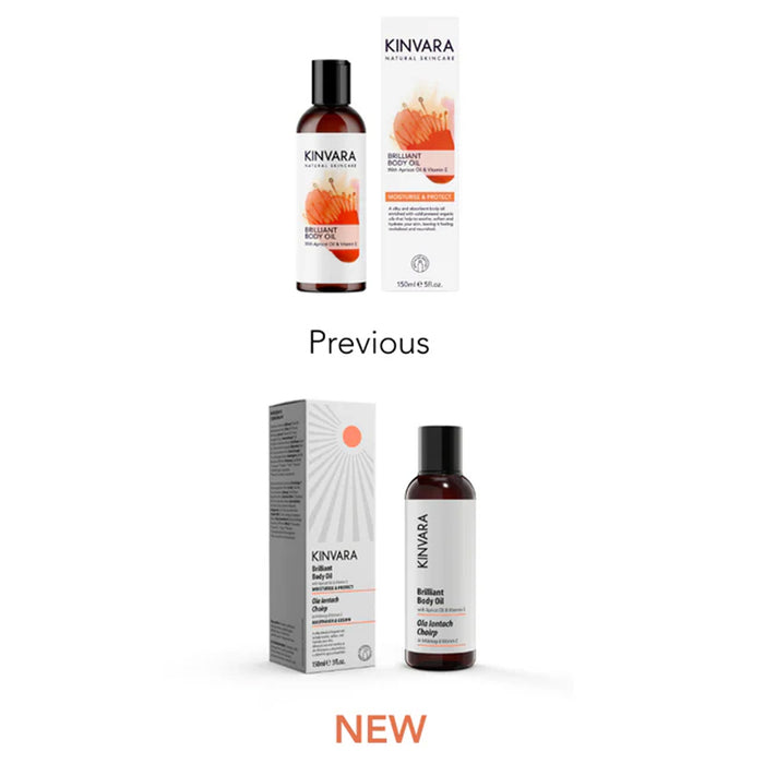 Comparison of Kinvara Brilliant Body Oil packaging, showing a 'Previous' and 'New' design.