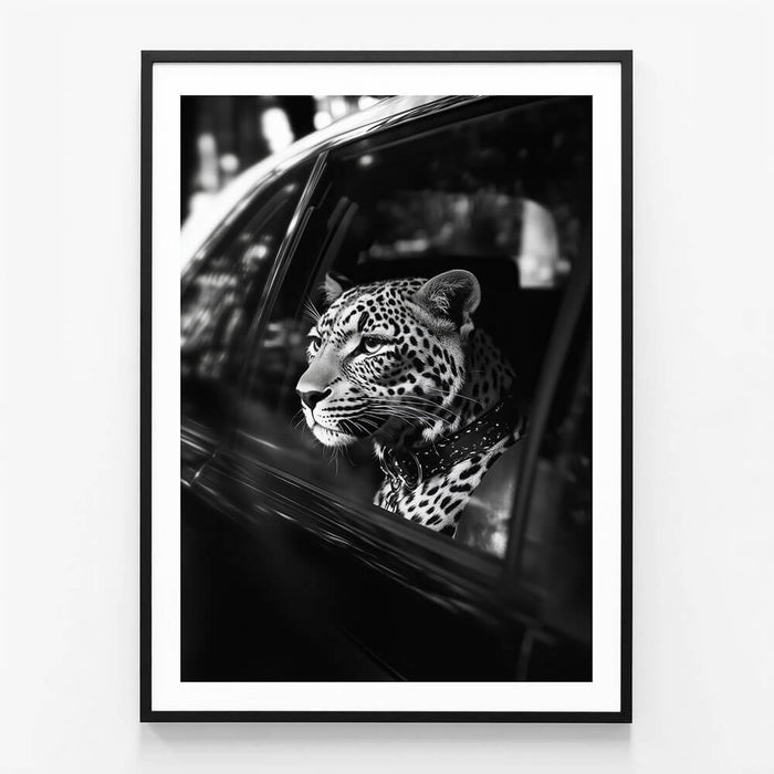 Leopard in Car wall art print in black frame