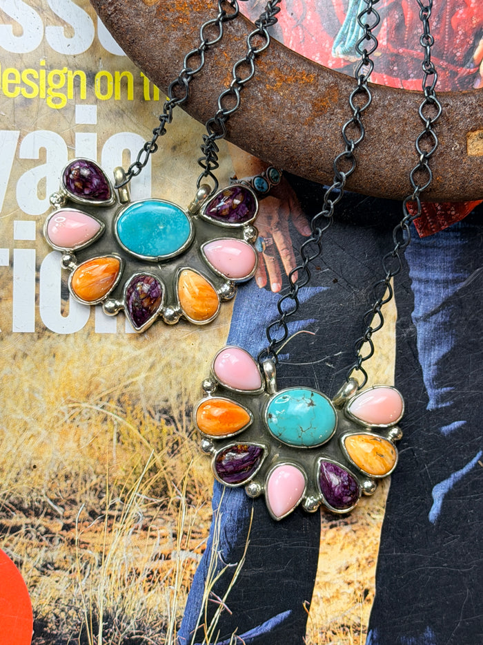 *Limited Edition* Navajo Handmade Cluster Necklace by Keith Henry Carico Lake, Pink Conch, Spiny