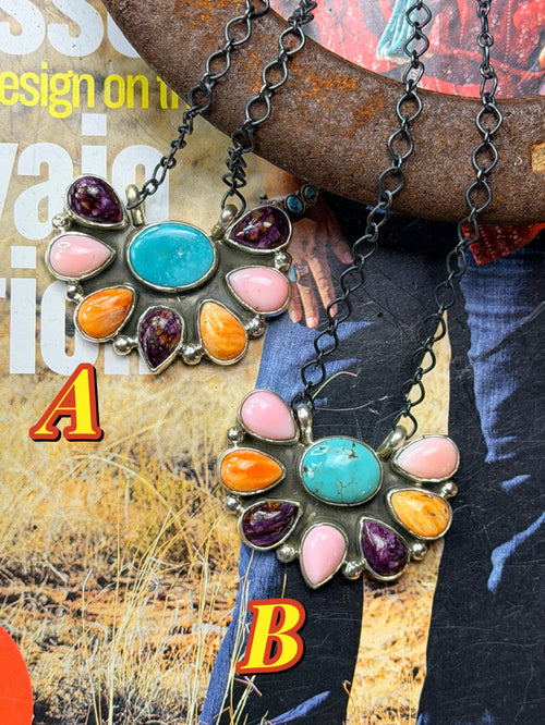 *Limited Edition* Navajo Handmade Cluster Necklace by Keith Henry Carico Lake, Pink Conch, Spiny