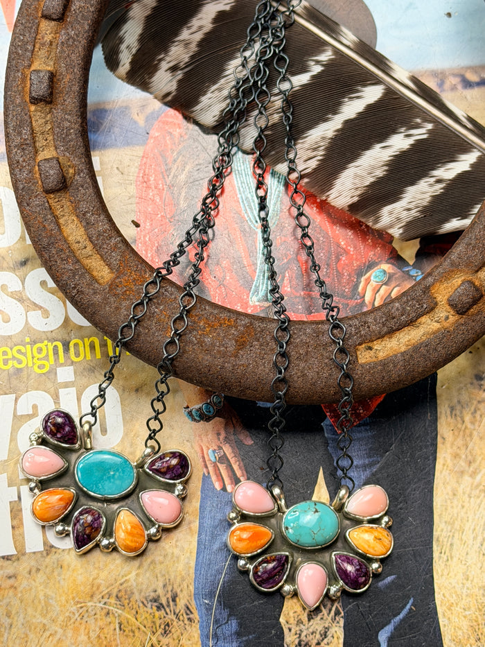 *Limited Edition* Navajo Handmade Cluster Necklace by Keith Henry Carico Lake, Pink Conch, Spiny