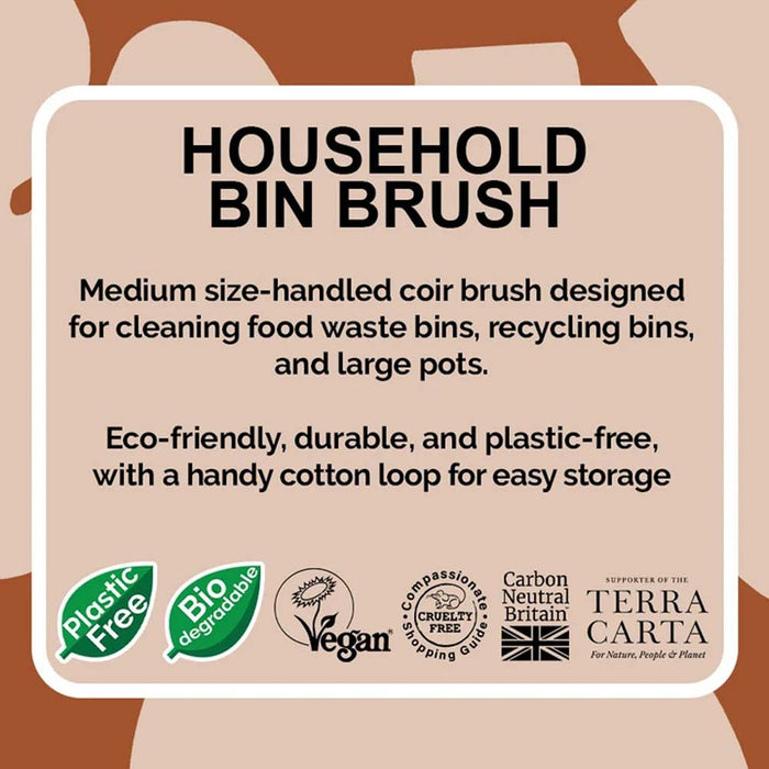 A product information graphic for a household bin brush. The design features a central rounded beige box with black text detailing the product's size, use cases, and eco-friendly attributes.