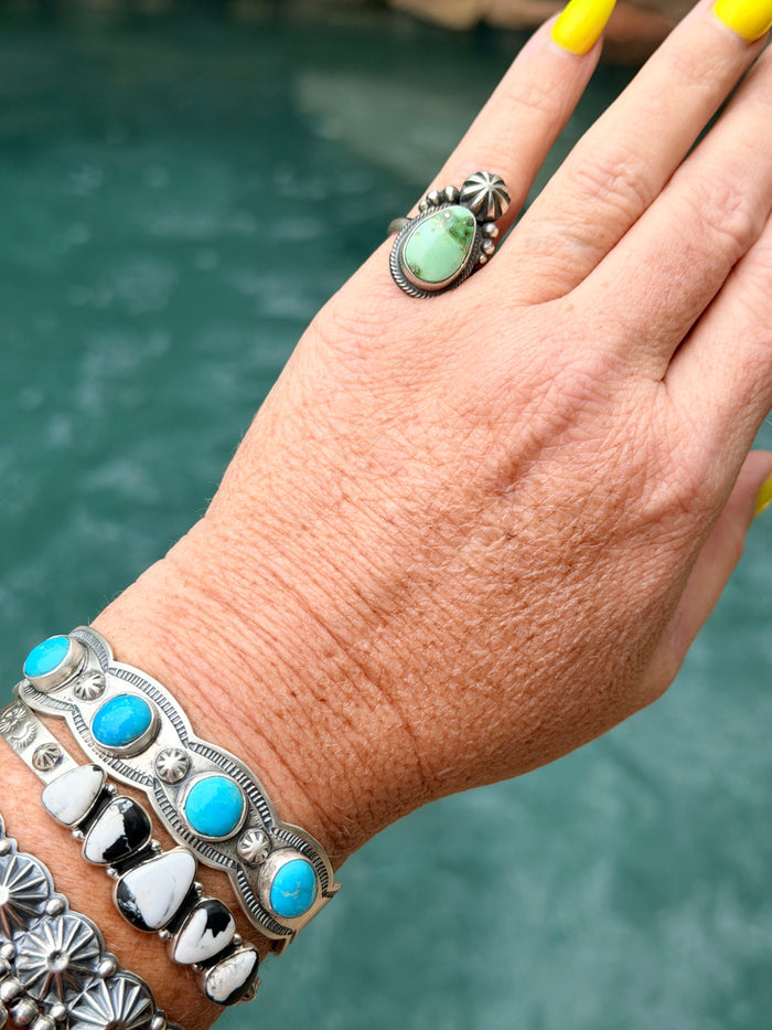 Marie Tsosie Sonoran Gold Turquoise &
Sterling Silver Ring Size 5.5