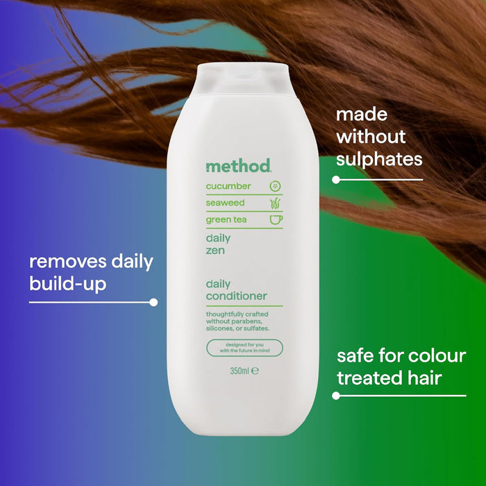 Method daily conditioner bottle with text highlighting benefits on a colorful background