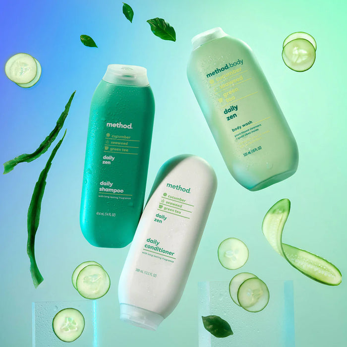 method brand shampoo, conditioner, and body wash bottles with cucumber slices and aloe vera leaves on a gradient blue and green background.
