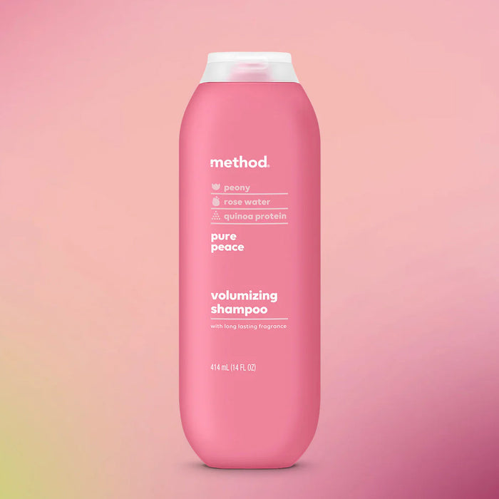 Pink shampoo bottle with 'method' branding on a pink gradient background