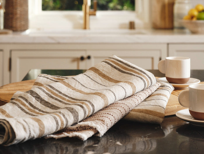Mojave Organic Kitchen Towels, Set of 2 - Coyuchi | Khaki/Espresso Stripe
