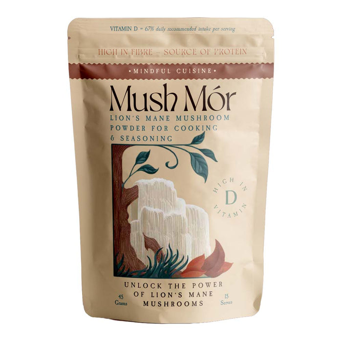 A stand-up pouch of Mush Mór Lion's Mane Mushroom powder and seasoning, shown against a plain white background.