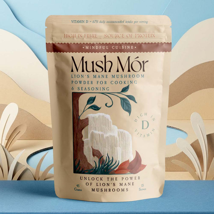A stand-up pouch of Mush Mór Lion's Mane Mushroom powder