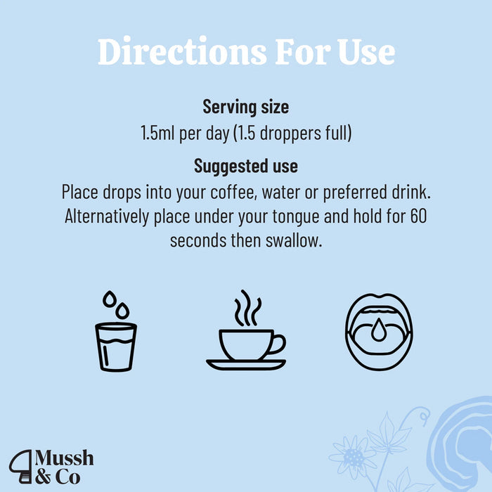 Directions for use with serving size and suggested usage on a light blue background, featuring the brand 'Mussh & Co'.