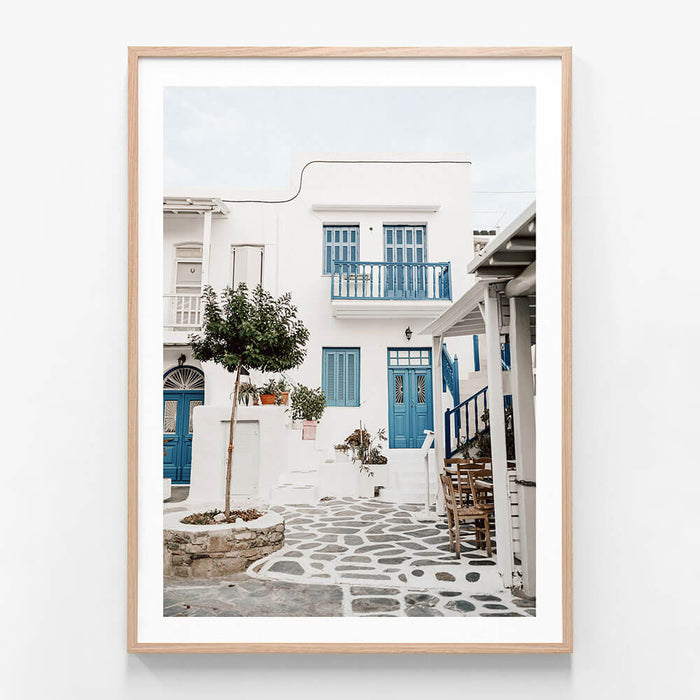 Mykonos Home wall art print in oak frame