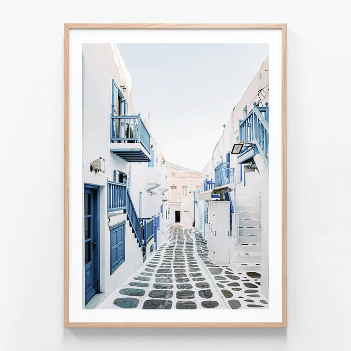 Mykonos Streets wall art print in oak frame