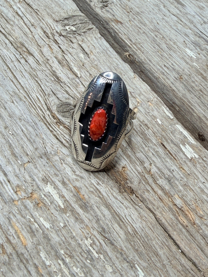 Native American Sterling Silver Spiny Oyster Ring By Felix Perry size 8.5