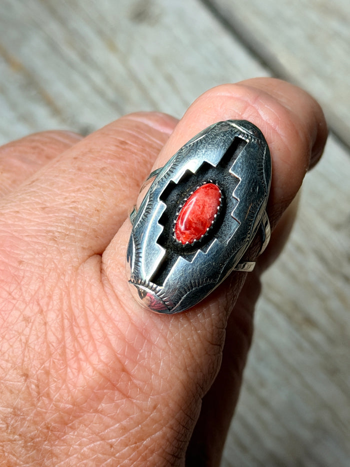 Native American Sterling Silver Spiny Oyster Ring By Felix Perry size 8.5