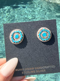 Native American, Zuni, Sterling Silver Kingman Turquoise Flush Inlay Button Earrings