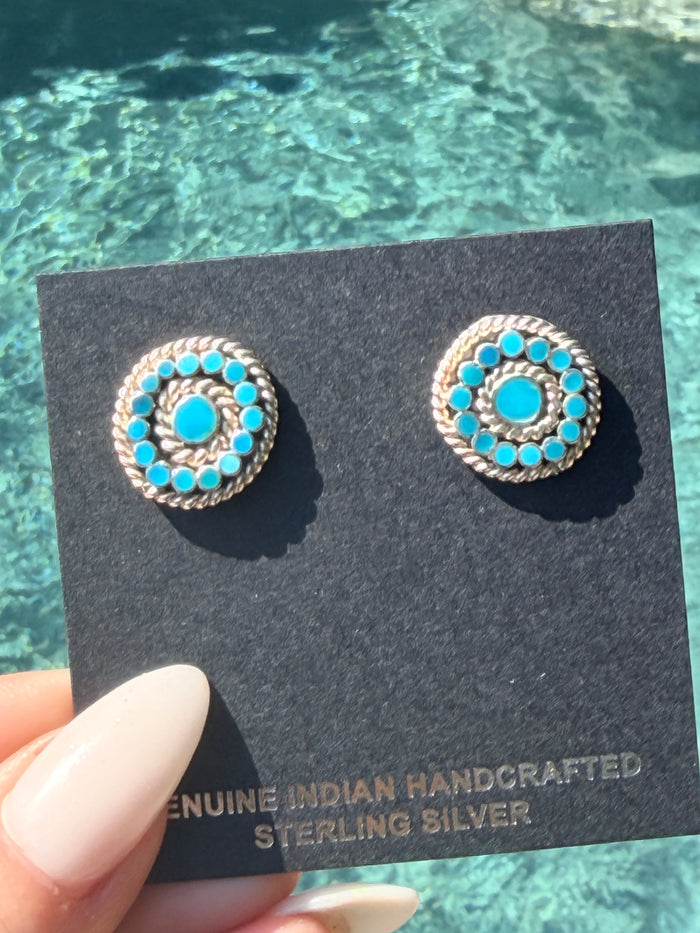 Native American, Zuni, Sterling Silver Kingman Turquoise Flush Inlay Button Earrings