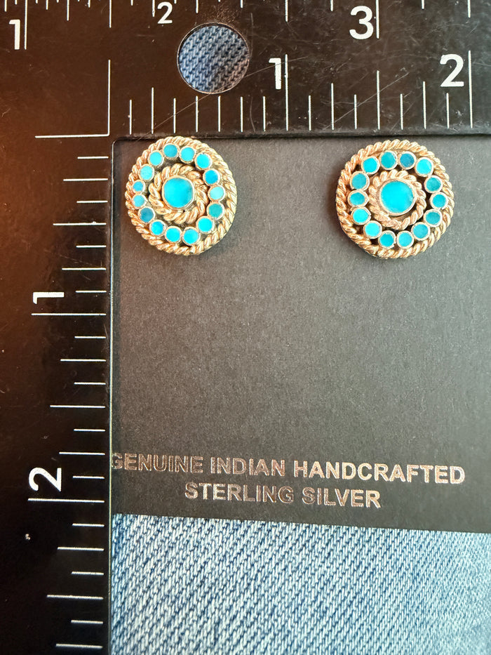 Native American, Zuni, Sterling Silver Kingman Turquoise Flush Inlay Button Earrings