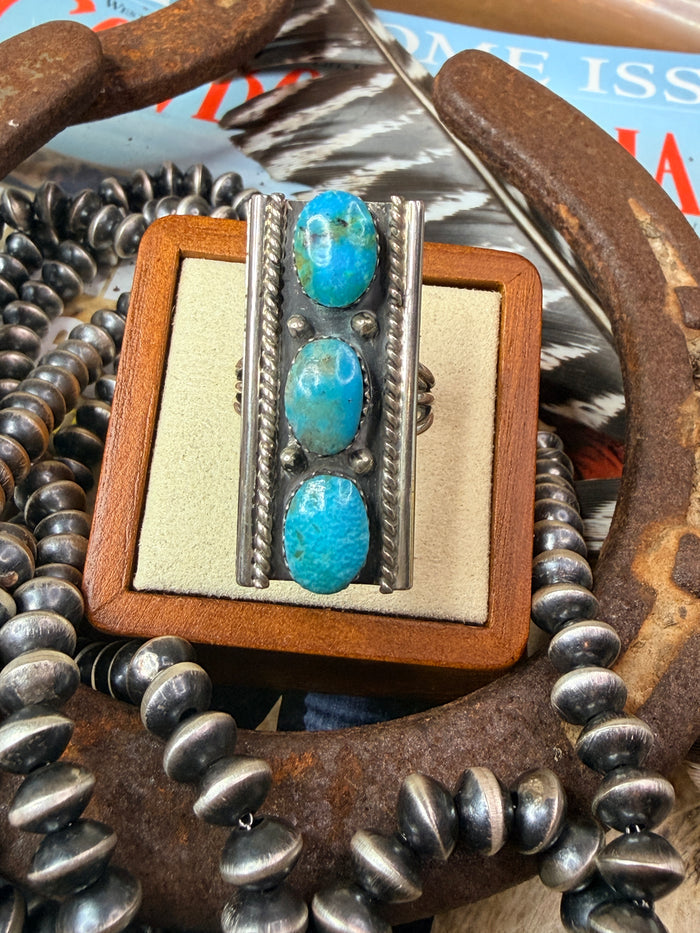Native Made 3 Stone Turquoise Ring by Arlene Lewis size 9