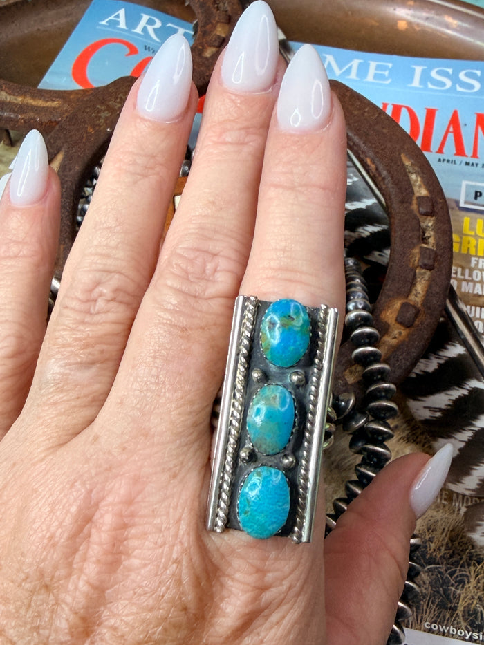 Native Made 3 Stone Turquoise Ring by Arlene Lewis size 9