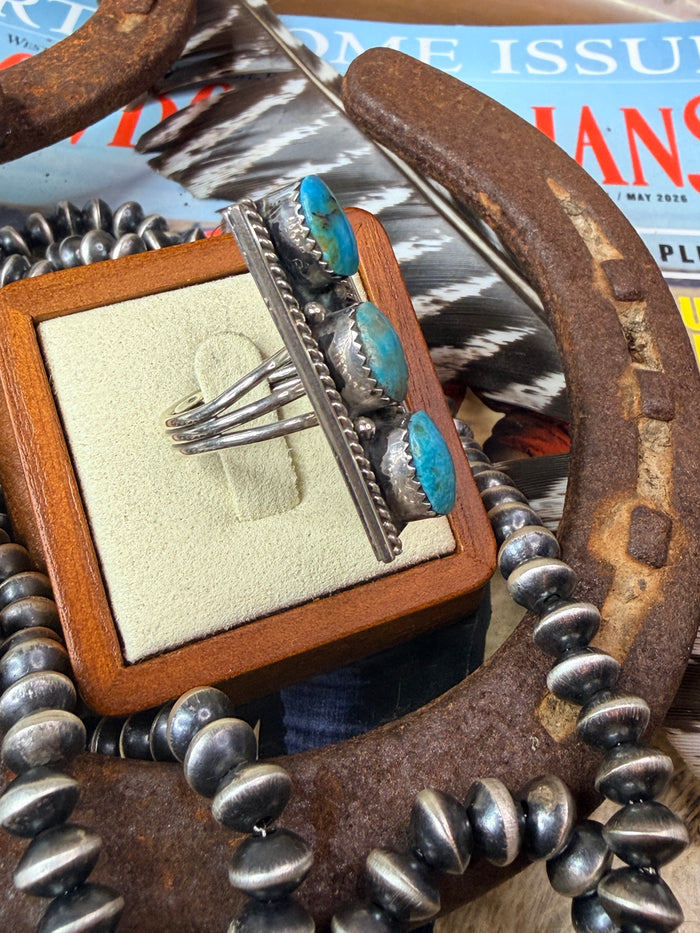 Native Made 3 Stone Turquoise Ring by Arlene Lewis size 9