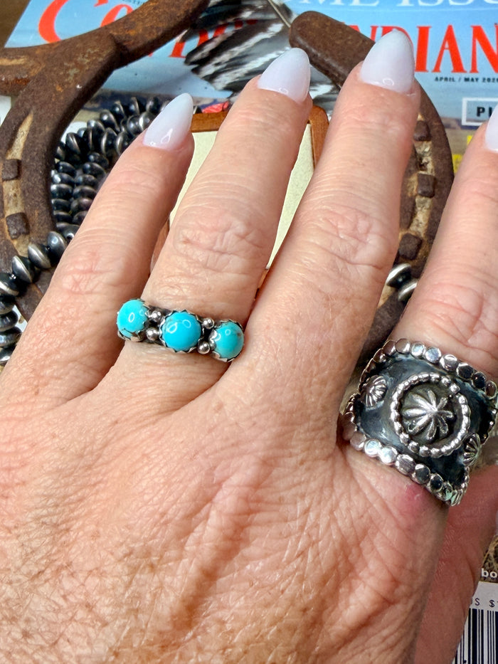 Native Made 3 Stone Turquoise Ring with Rope Design by R King size 7