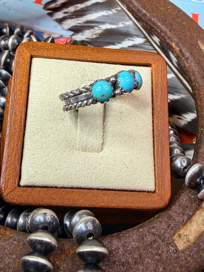 Native Made 3 Stone Turquoise Ring with Rope Design by R King size 7