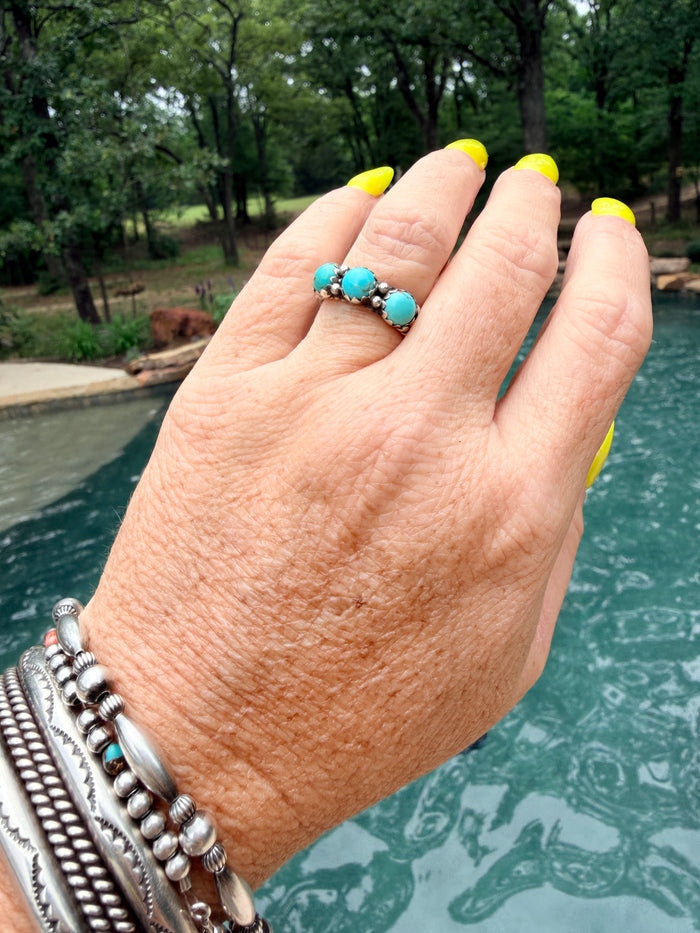 Native Made 3 Stone Turquoise Ring with Rope Design by R King size 7
