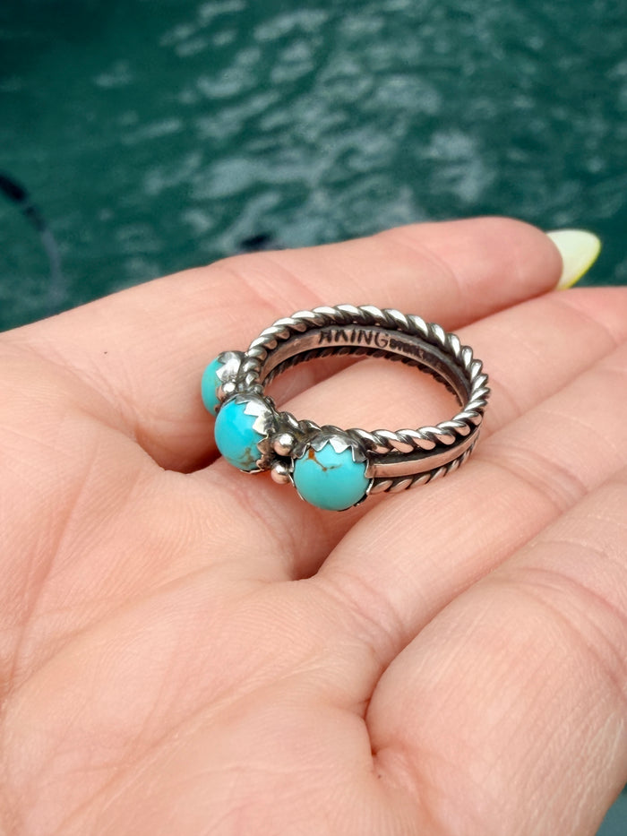 Native Made 3 Stone Turquoise Ring with Rope Design by R King size 7