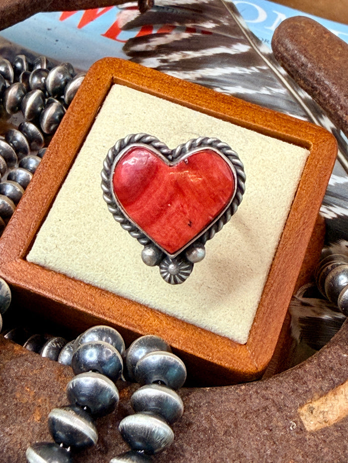 Native Made Adjustable Red Spiny Oyster Heart Ring By Irene Kee