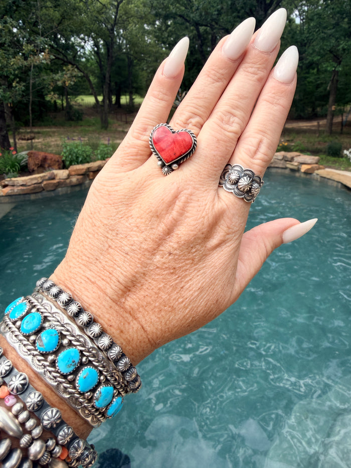 Native Made Adjustable Red Spiny Oyster Heart Ring By Irene Kee