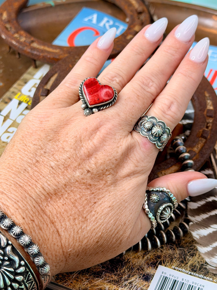 Native Made Adjustable Red Spiny Oyster Heart Ring By Irene Kee