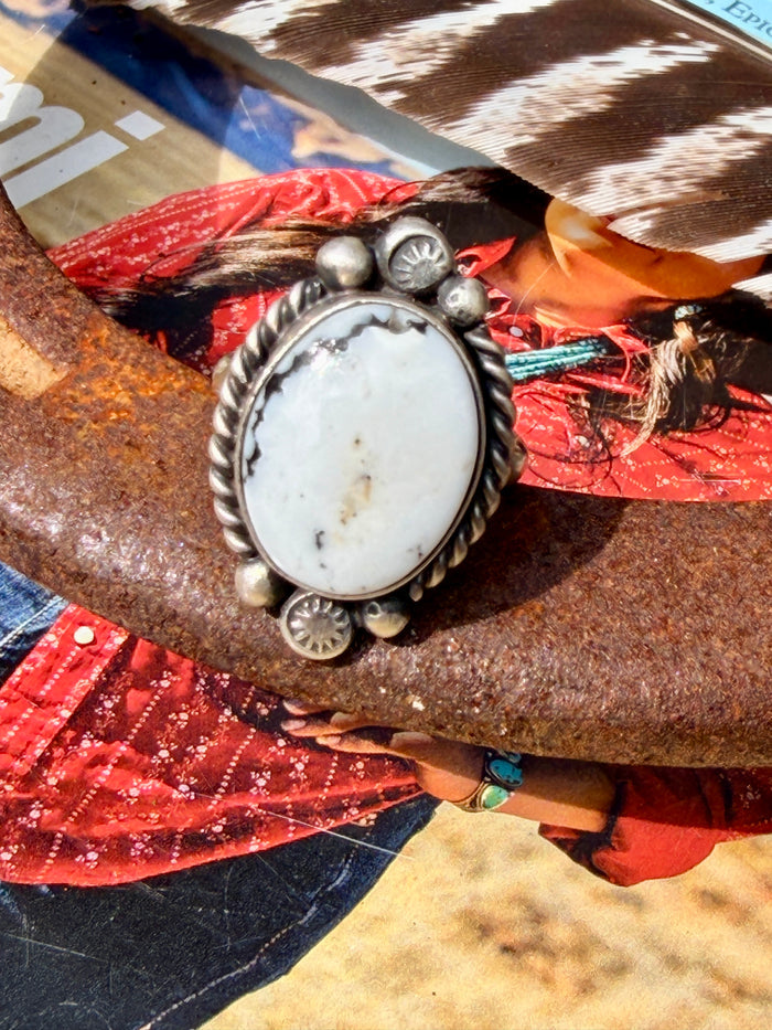 Native Made Adjustable White Buffalo Ring by Eugene Belone