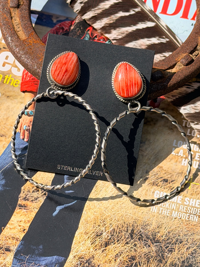 Native Made by Elouise Kee Red Spiny Oyster & Sterling Silver Post Dangle Earrings
